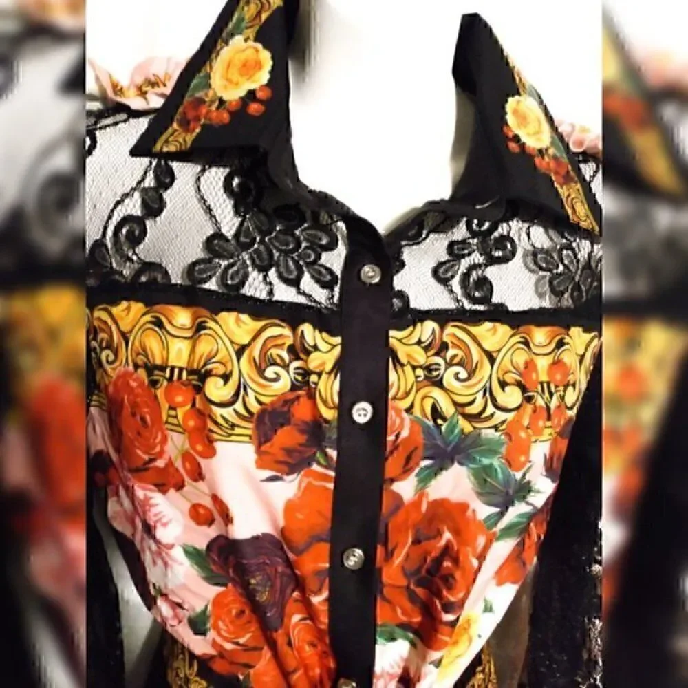 Vintage Floral Flower Collar Floral Print Lace Ruffles Top & Skirt XXL EURO